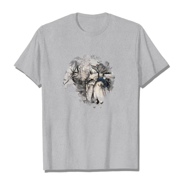T-shirt à motif de pavillon de montagne en bambou chinois Buddha Stones - Gris clair - 2XL - image 19