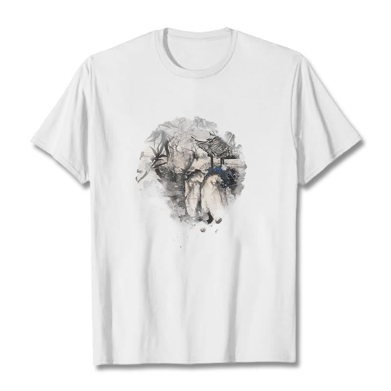 T-shirt à motif de pavillon de montagne en bambou chinois Buddha Stones - Blanc - 2XL - image 7