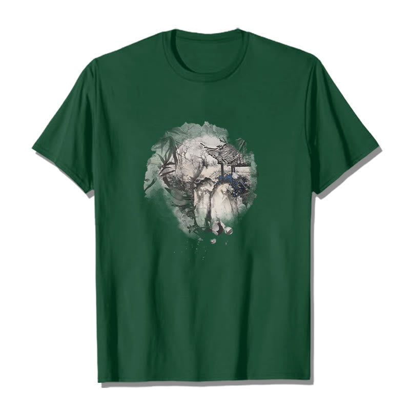 T-shirt à motif de pavillon de montagne en bambou chinois Buddha Stones - Vert forêt - 2XL - image 10