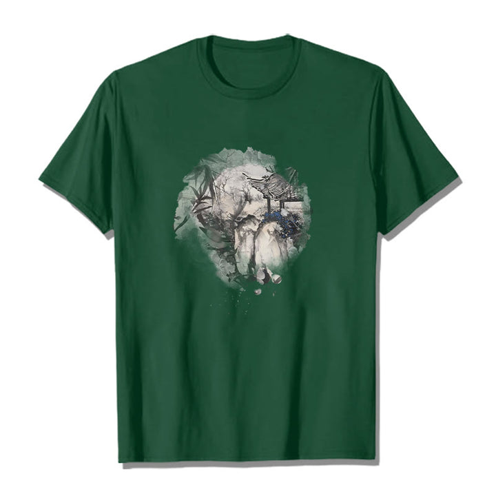 T-shirt à motif de pavillon de montagne en bambou chinois Buddha Stones - Vert forêt - 2XL - image 10