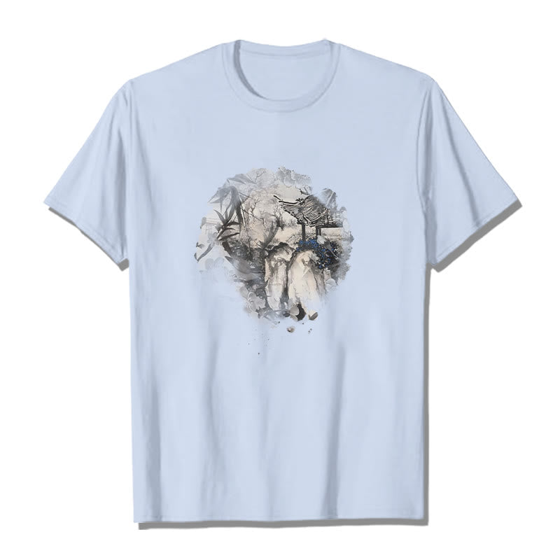 T-shirt à motif de pavillon de montagne en bambou chinois Buddha Stones - Cyan clair - 2XL - image 12
