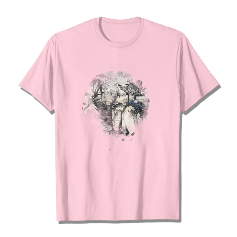 T-shirt à motif de pavillon de montagne en bambou chinois Buddha Stones - Rose clair - 2XL - image 13