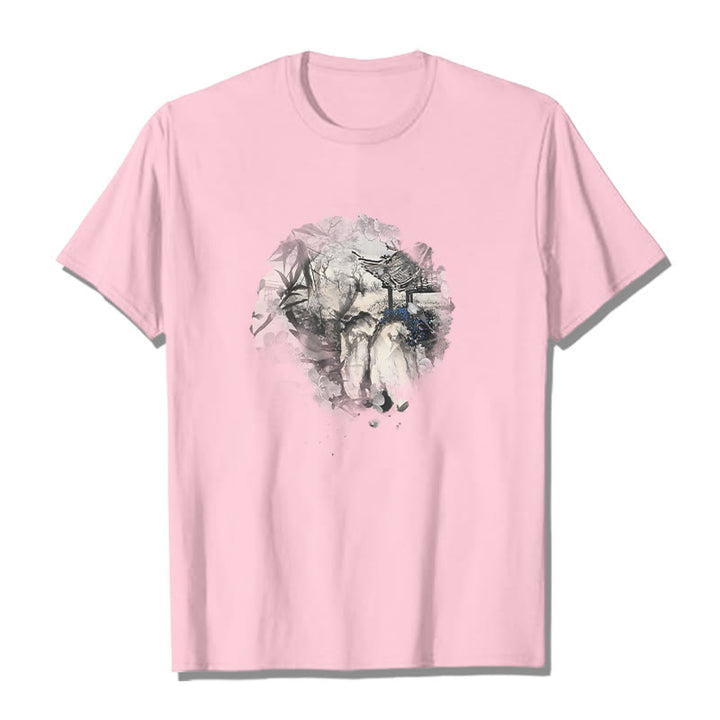 T-shirt à motif de pavillon de montagne en bambou chinois Buddha Stones - Rose clair - 2XL - image 13