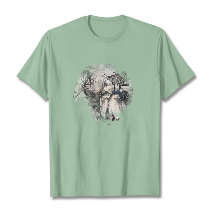 T-shirt à motif de pavillon de montagne en bambou chinois Buddha Stones - Vert pâle - 2XL - image 15