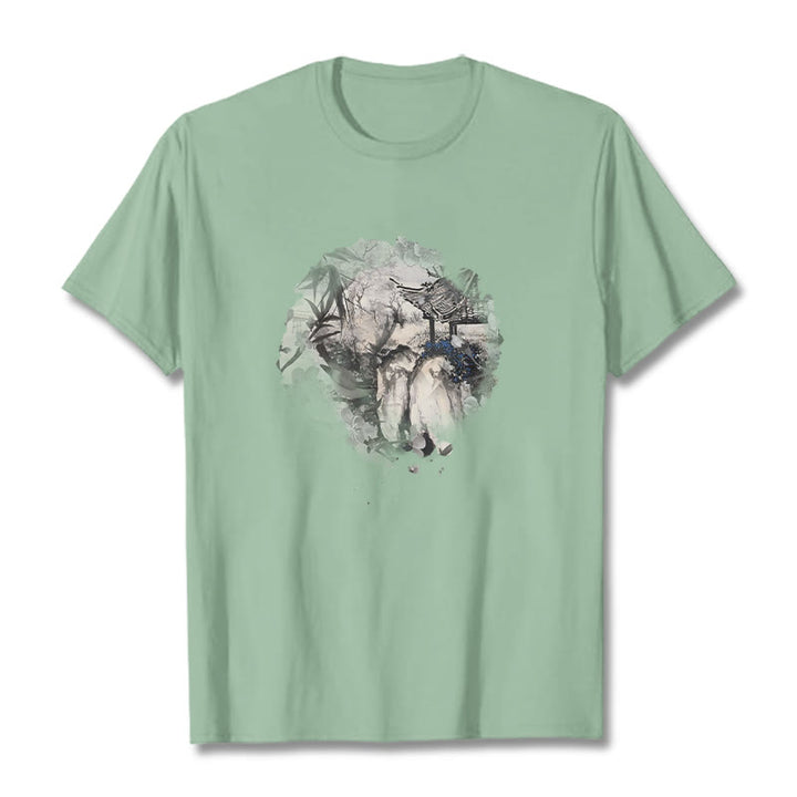 T-shirt à motif de pavillon de montagne en bambou chinois Buddha Stones - Vert pâle - 2XL - image 15