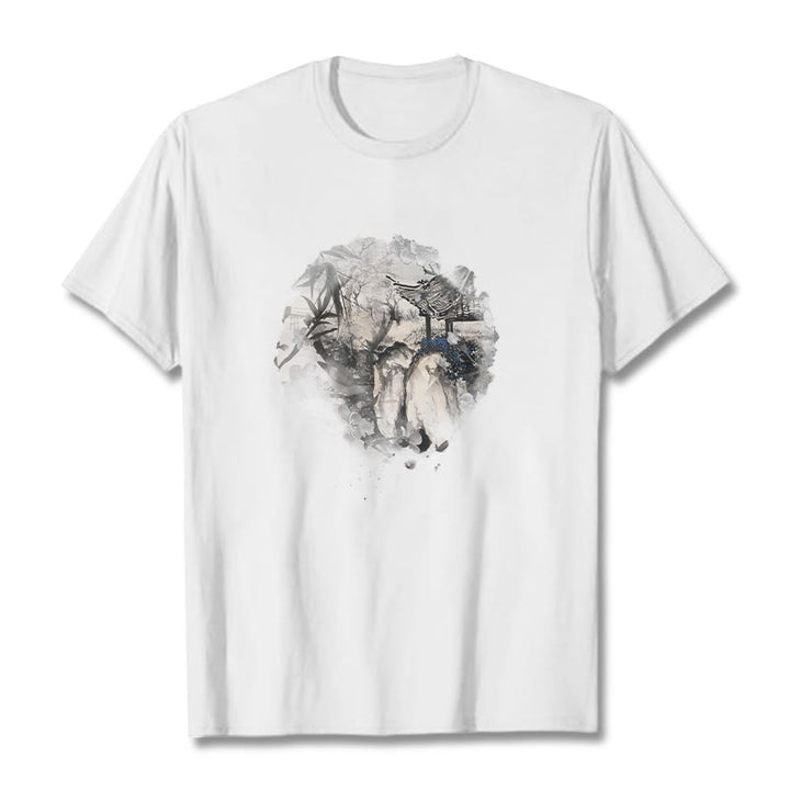 T-shirt à motif de pavillon de montagne en bambou chinois Buddha Stones - Blanc - 2XL - image 8