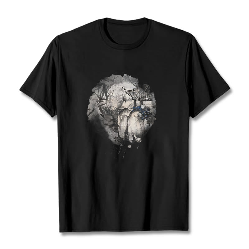 T-shirt à motif de pavillon de montagne en bambou chinois Buddha Stones - Noir - 2XL - image 1