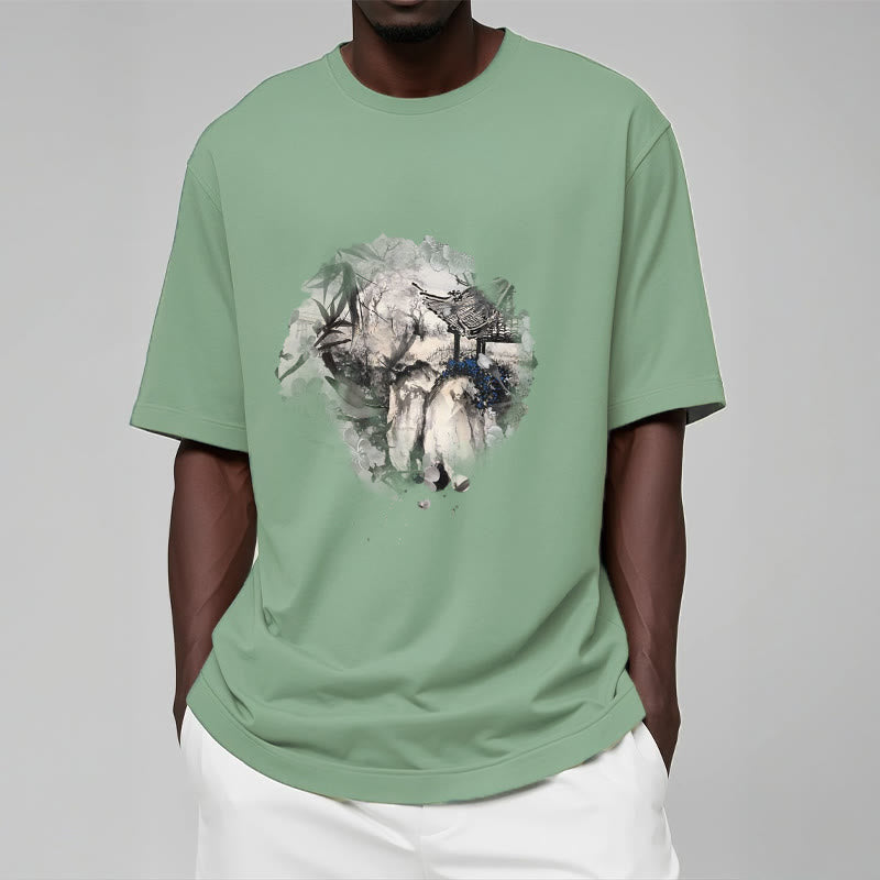 T-shirt à motif de pavillon de montagne en bambou chinois Buddha Stones - image 16