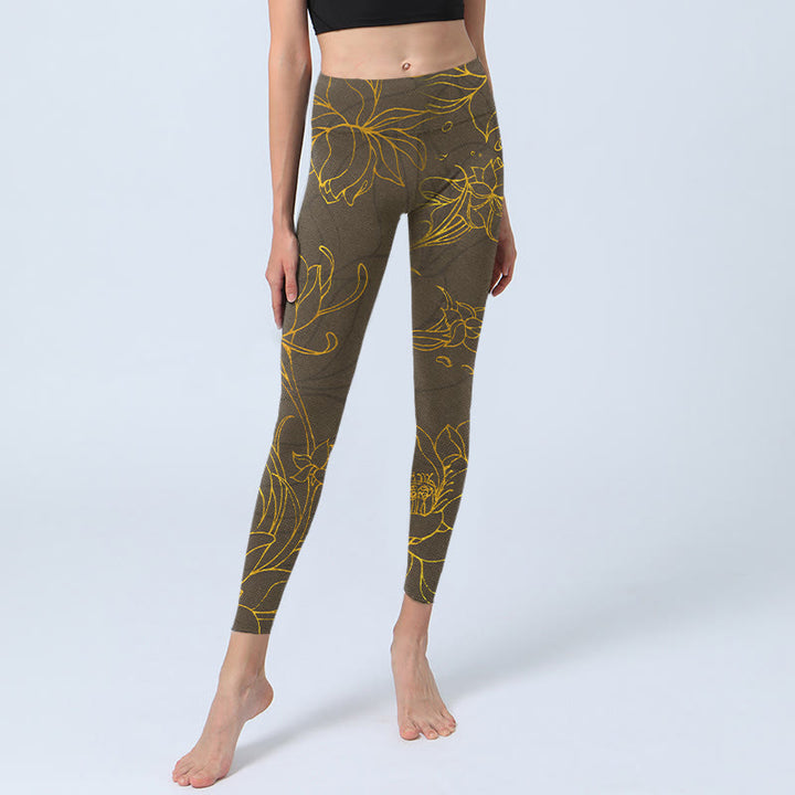 Leggings de sport à imprimé feuilles de lotus et fleurs de lotus marron jaunâtre Buddha Stones Pantalon de yoga pour femme - image 6