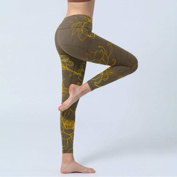 Leggings de sport à imprimé feuilles de lotus et fleurs de lotus marron jaunâtre Buddha Stones Pantalon de yoga pour femme - image 4