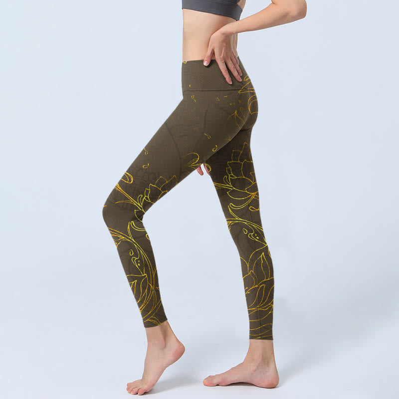 Leggings de sport à imprimé feuilles de lotus et fleurs de lotus marron jaunâtre Buddha Stones Pantalon de yoga pour femme - image 3