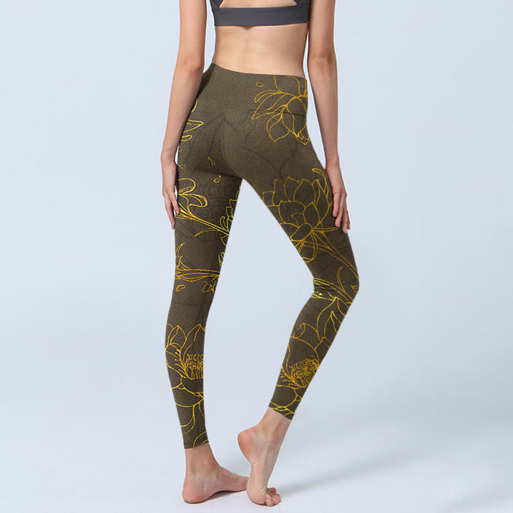 Leggings de sport à imprimé feuilles de lotus et fleurs de lotus marron jaunâtre Buddha Stones Pantalon de yoga pour femme - image 5