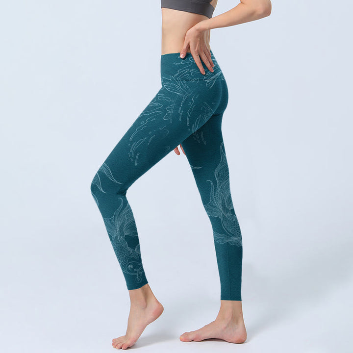 Leggings de sport à imprimé vagues fluides et poissons Koi bleus Buddha Stones Pantalon de yoga pour femme - image 3