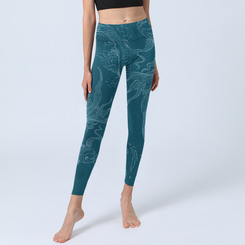Leggings de sport à imprimé vagues fluides et poissons Koi bleus Buddha Stones Pantalon de yoga pour femme - image 5