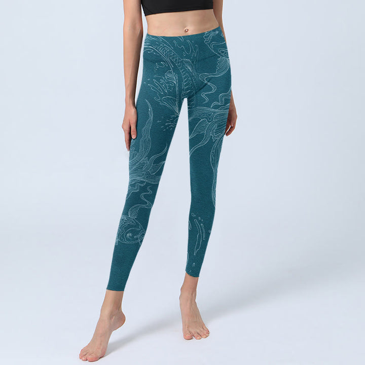 Leggings de sport à imprimé vagues fluides et poissons Koi bleus Buddha Stones Pantalon de yoga pour femme - image 5