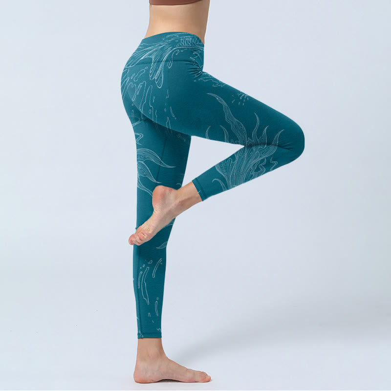 Leggings de sport à imprimé vagues fluides et poissons Koi bleus Buddha Stones Pantalon de yoga pour femme - image 3