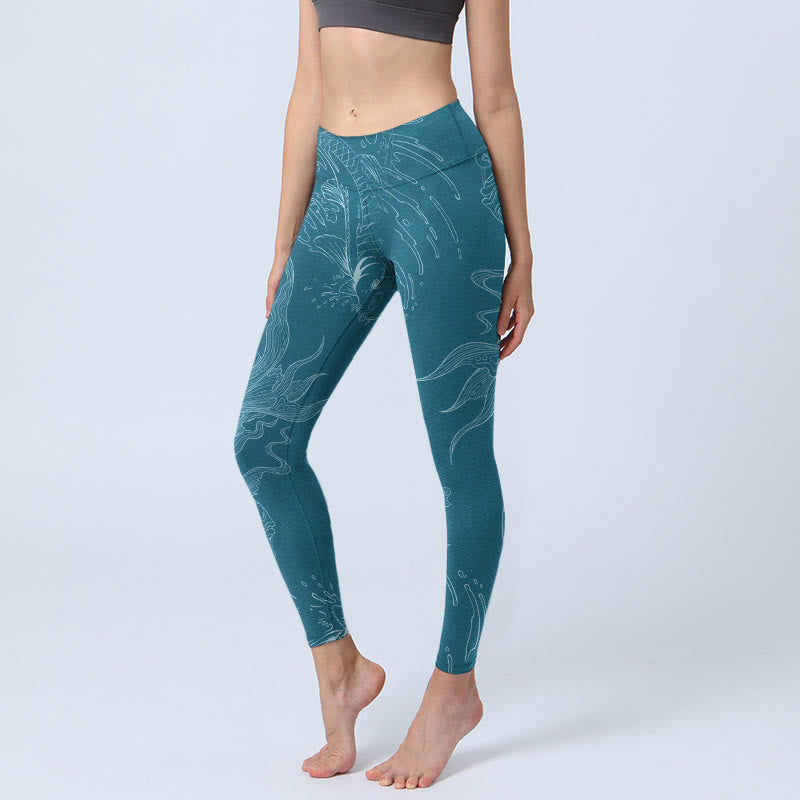 Leggings de sport à imprimé vagues fluides et poissons Koi bleus Buddha Stones Pantalon de yoga pour femme - CadetBlue - US18，UK/AU22，EU50 (4XL) - image 1