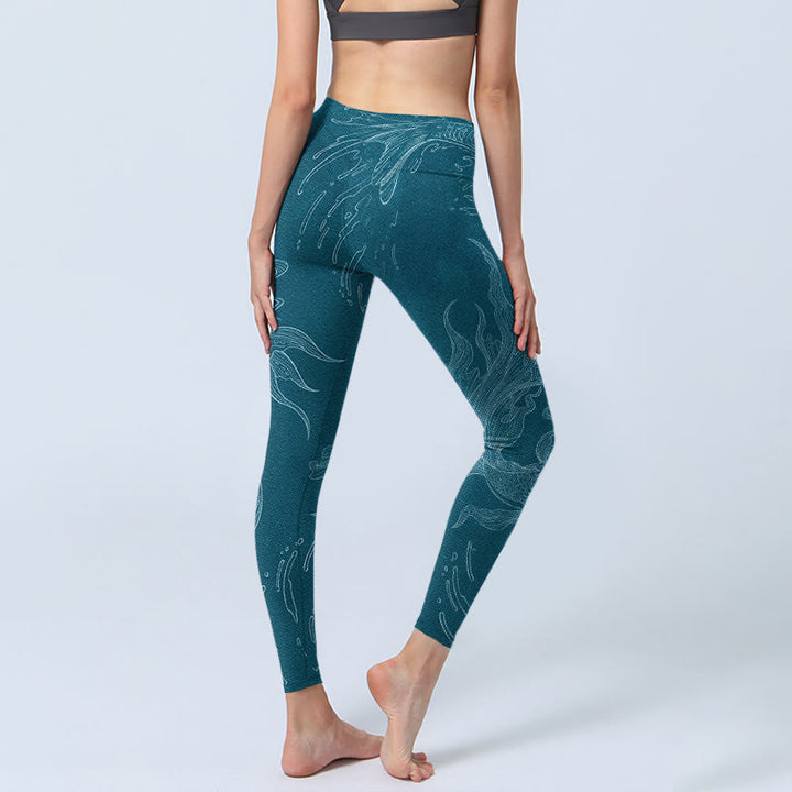 Leggings de sport à imprimé vagues fluides et poissons Koi bleus Buddha Stones Pantalon de yoga pour femme - image 5