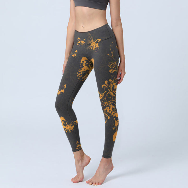 Leggings de sport à imprimé papillons et fleurs de pivoine gris foncé Buddha Stones Pantalon de yoga pour femme