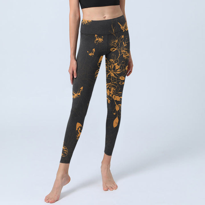 Leggings de sport à imprimé papillons et fleurs de pivoine gris foncé Buddha Stones Pantalon de yoga pour femme