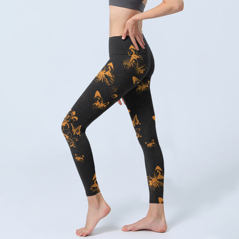 Leggings de sport à imprimé papillons et fleurs de pivoine gris foncé Buddha Stones Pantalon de yoga pour femme