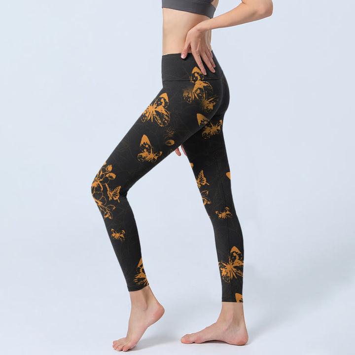 Leggings de sport à imprimé papillons et fleurs de pivoine gris foncé Buddha Stones Pantalon de yoga pour femme