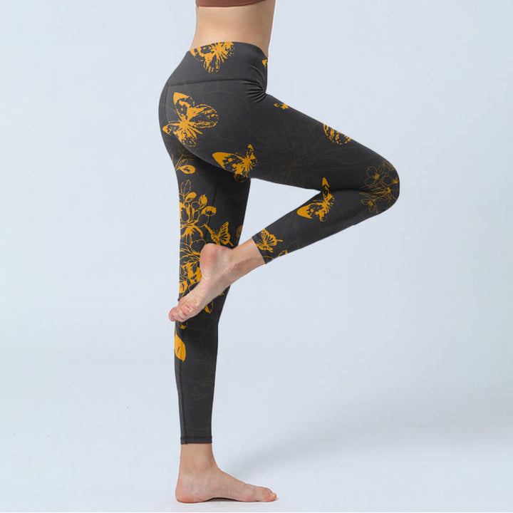 Leggings de sport à imprimé papillons et fleurs de pivoine gris foncé Buddha Stones Pantalon de yoga pour femme