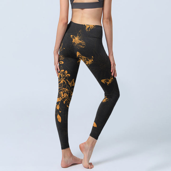 Leggings de sport à imprimé papillons et fleurs de pivoine gris foncé Buddha Stones Pantalon de yoga pour femme