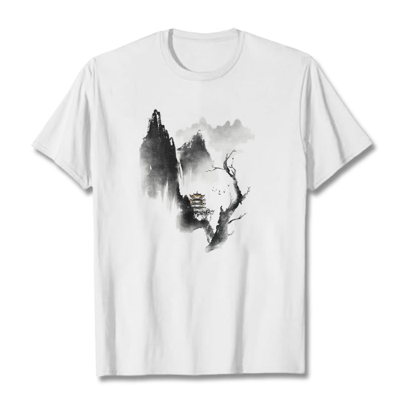 T-shirt à motif Buddha Stones Pavilion Tree Geese Around The Mountains - Blanc - 2XL - image 2
