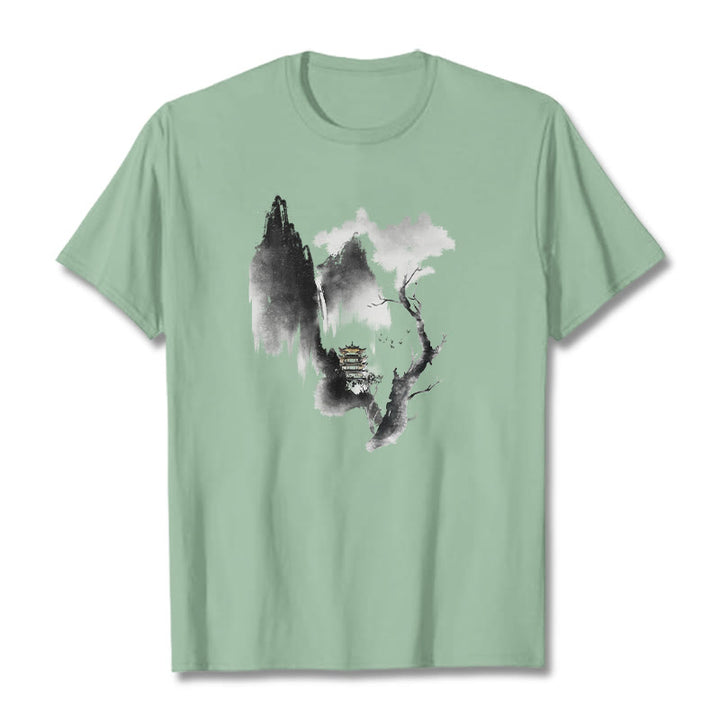 T-shirt à motif Buddha Stones Pavilion Tree Geese Around The Mountains - Vert pâle - 2XL - image 15