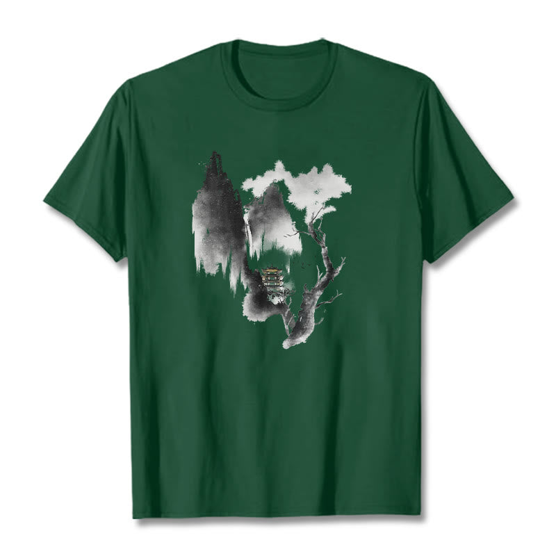 T-shirt à motif Buddha Stones Pavilion Tree Geese Around The Mountains - Vert forêt - 2XL - image 11