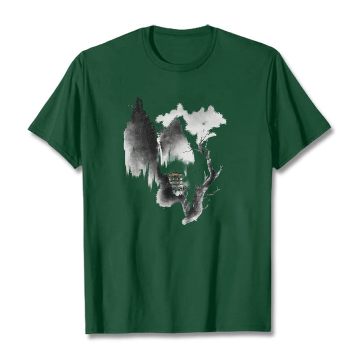 T-shirt à motif Buddha Stones Pavilion Tree Geese Around The Mountains - Vert forêt - 2XL - image 11