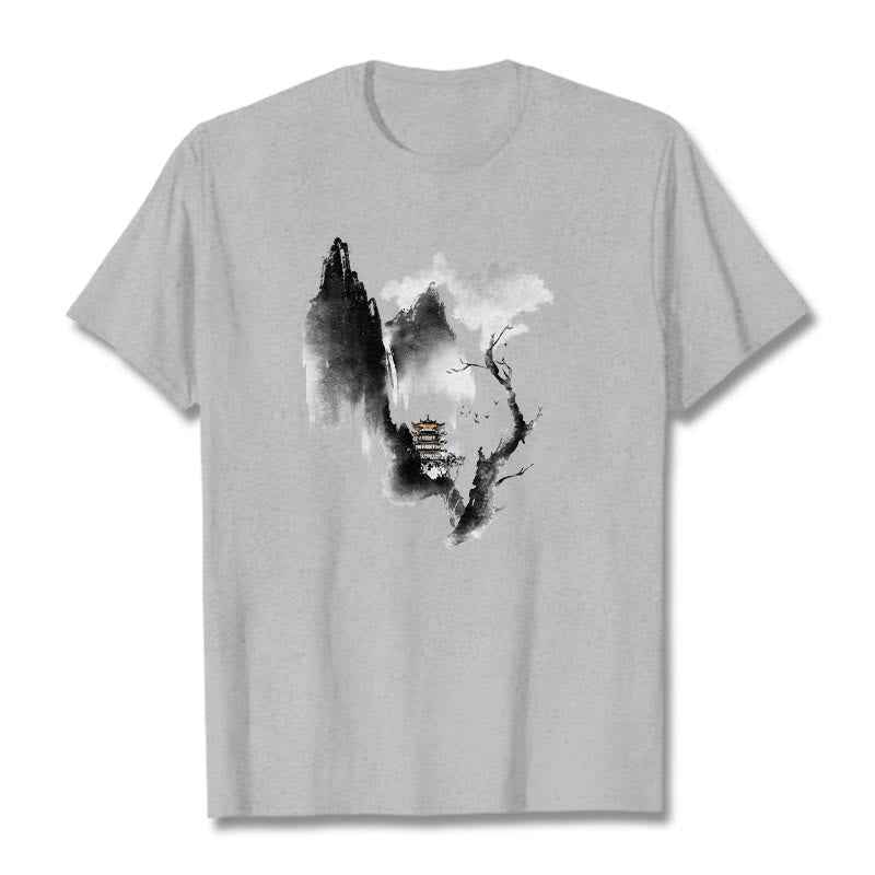 T-shirt à motif Buddha Stones Pavilion Tree Geese Around The Mountains - Gris clair - 2XL - image 1