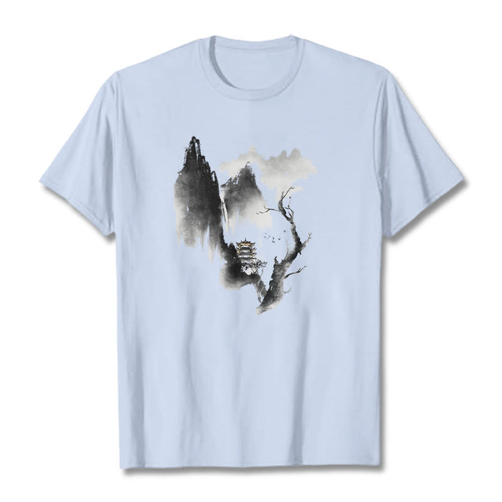 T-shirt à motif Buddha Stones Pavilion Tree Geese Around The Mountains - Cyan clair - 2XL - image 19