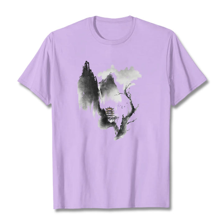 T-shirt à motif Buddha Stones Pavilion Tree Geese Around The Mountains - Prune - 2XL - image 17