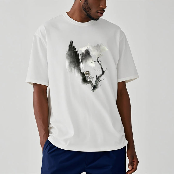T-shirt à motif Buddha Stones Pavilion Tree Geese Around The Mountains - image 4