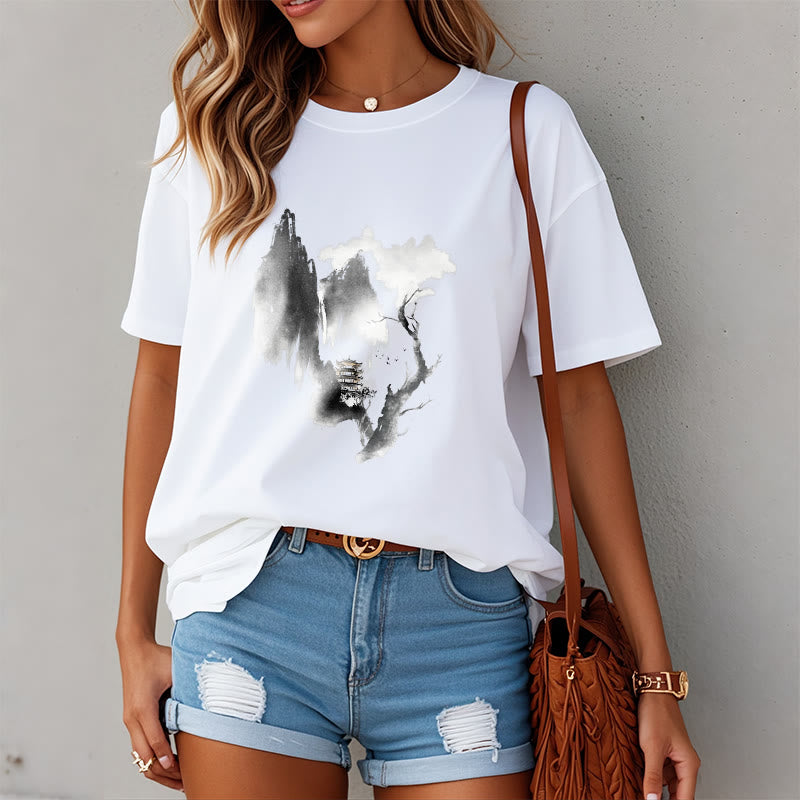 T-shirt à motif Buddha Stones Pavilion Tree Geese Around The Mountains - image 4