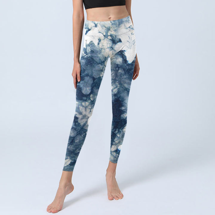 Leggings de sport à imprimé texturé aquarelle avec Buddha Stones et fleurs de lys bleus, pantalons de yoga pour femmes - image 5