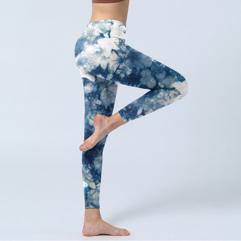 Leggings de sport à imprimé texturé aquarelle avec Buddha Stones et fleurs de lys bleus, pantalons de yoga pour femmes - image 3