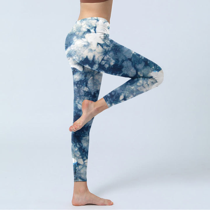 Leggings de sport à imprimé texturé aquarelle avec Buddha Stones et fleurs de lys bleus, pantalons de yoga pour femmes - image 3