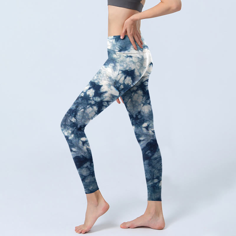 Leggings de sport à imprimé texturé aquarelle avec Buddha Stones et fleurs de lys bleus, pantalons de yoga pour femmes - image 2