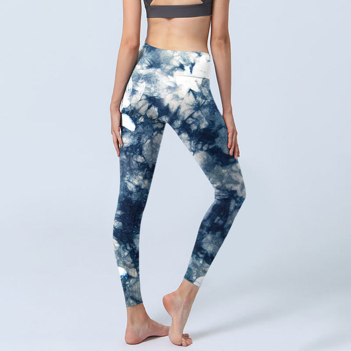 Leggings de sport à imprimé texturé aquarelle avec Buddha Stones et fleurs de lys bleus, pantalons de yoga pour femmes - image 5