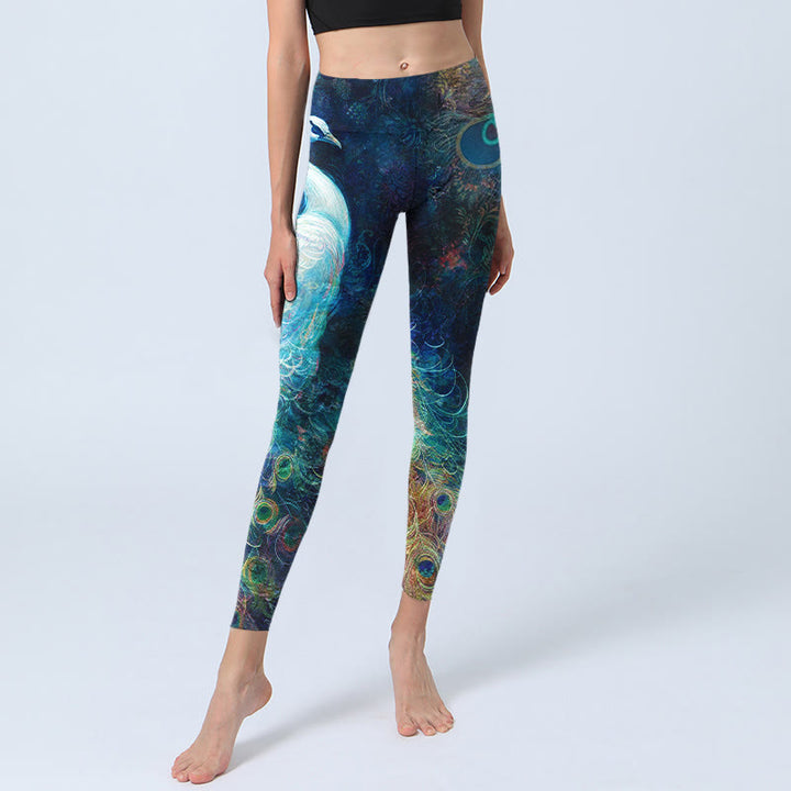 Leggings de sport à imprimé plumes colorées de paon bleu Buddha Stones Pantalon de yoga pour femme - image 5