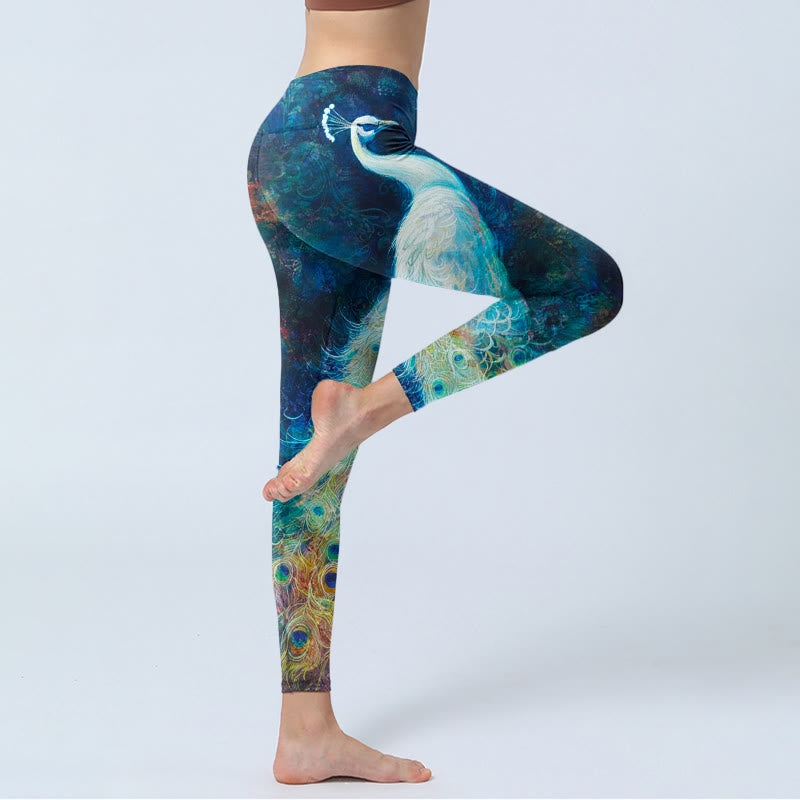 Leggings de sport à imprimé plumes colorées de paon bleu Buddha Stones Pantalon de yoga pour femme - image 4