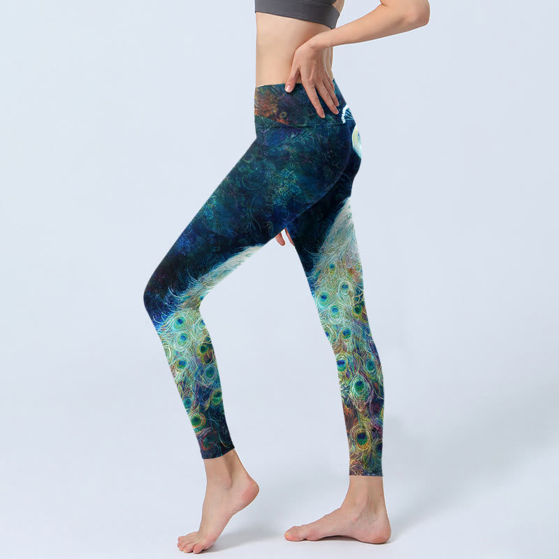 Leggings de sport à imprimé plumes colorées de paon bleu Buddha Stones Pantalon de yoga pour femme - image 3