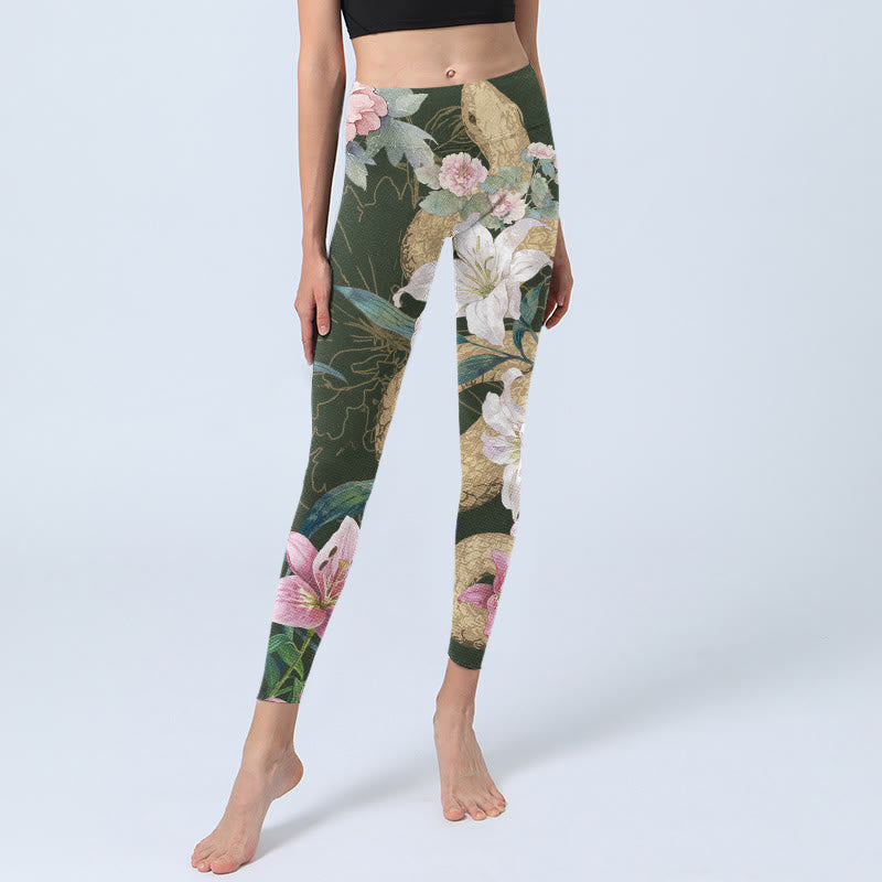 Leggings de sport à imprimé Buddha Stones, serpent doré, lys, pivoines, pantalons de yoga pour femmes - image 6