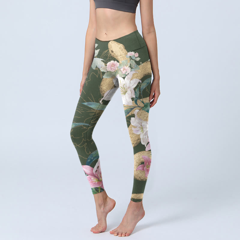 Leggings de sport à imprimé Buddha Stones, serpent doré, lys, pivoines, pantalons de yoga pour femmes - Vert olive foncé - US18，UK/AU22，EU50 (4XL) - image 1