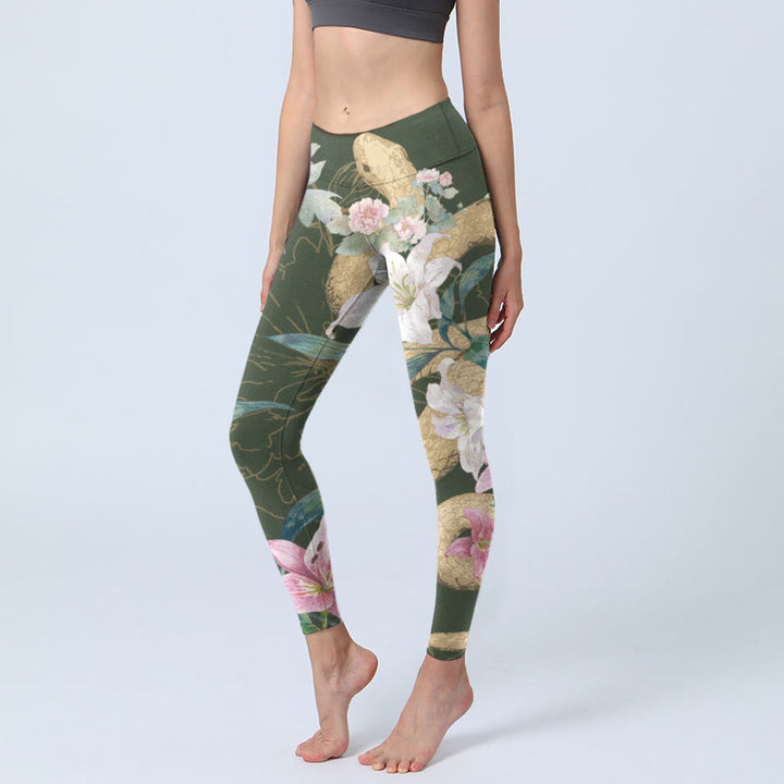 Leggings de sport à imprimé Buddha Stones, serpent doré, lys, pivoines, pantalons de yoga pour femmes - Vert olive foncé - US18，UK/AU22，EU50 (4XL) - image 1