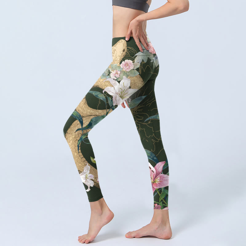 Leggings de sport à imprimé Buddha Stones, serpent doré, lys, pivoines, pantalons de yoga pour femmes - image 3