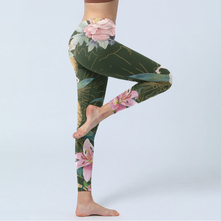 Leggings de sport à imprimé Buddha Stones, serpent doré, lys, pivoines, pantalons de yoga pour femmes - image 4